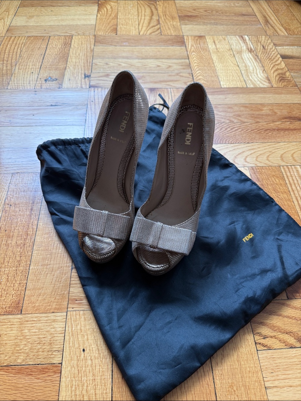 Fendi Neutral Taupe Peep-Toe Bow Pumps